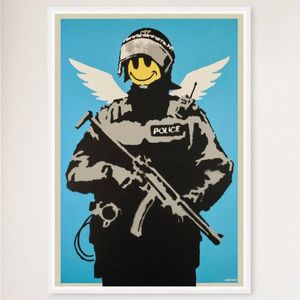 Galrie Banksy Flying Copper Art Print - Iconic 2003 Artwork on Museum-Quality Paper, White Frame, 70 x 100cm (28 x 40inch)