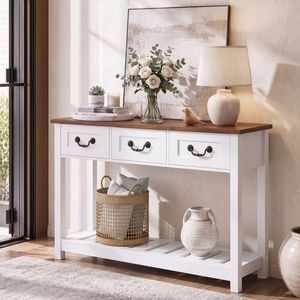 Advwin 100cm Console Table with 3 Drawers & Open Shelf Vintage Narrow Hallway Table White Walnut & White