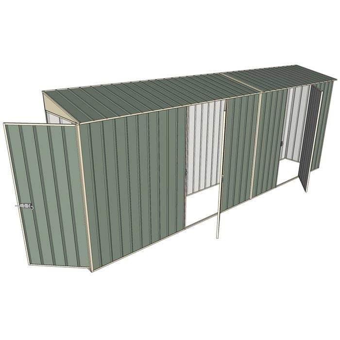 Build-a-Shed 0.8 x 5.2 x 2m Single Hinged Door Skillion Shed with Dual Single Hinged Side Doors - Green