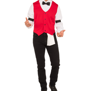 Bartender Costume Mens Halloween Fancy Dress Shirt Vest Moustache Red