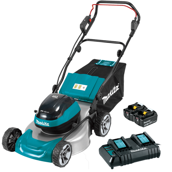 Makita LXT 18Vx2 (36V) Brushless 460mm (18") Metal Deck Lawn Mower 5.0Ahx2 Kit DLM466CT2