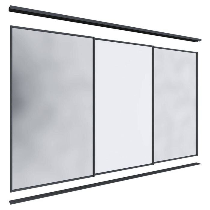 Lugna 2100 x 2701-3600mm Black Frame 2 Mirror 1 Melamine Wardrobe Triple Sliding Doors
