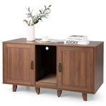 Costway Wooden Cat Litter Storage Cabinet Double Door Cat House w/Scratch Pad Coffee