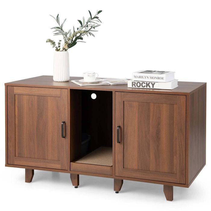 Costway Wooden Cat Litter Storage Cabinet Double Door Cat House w/Scratch Pad Coffee