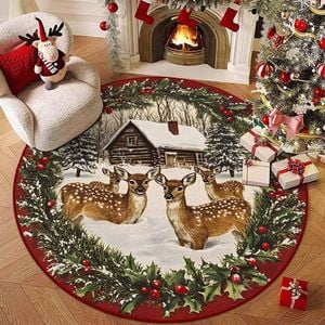 CottonMore Christmas Deer Family Round Rug Festive Reindeer & Cabin Holiday Floor Mat 120cm