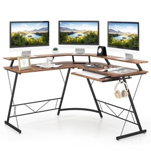 Costway L-shaped Computer Desk Corner Computer Workstation W/ Power Outlet