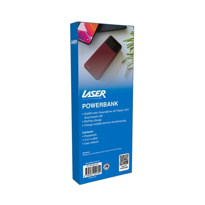 Laser 10000mAh Powerbank 18W PD with LED Indicator Red Bunnings