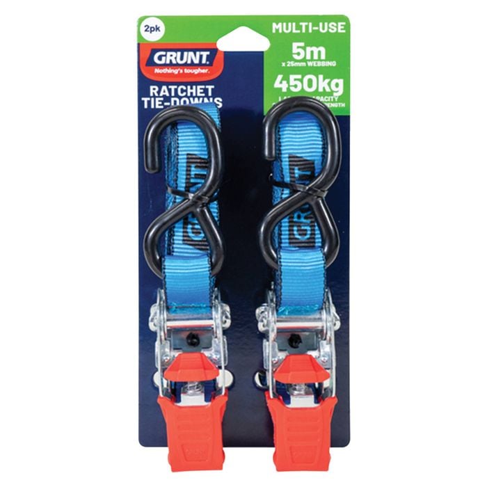 GRUNT 25mm x 5m 450kg Ratchet Tie Down - 2 Pack