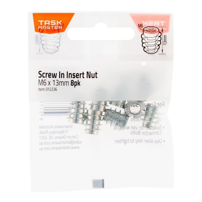 Taskmaster 6 x 13mm Screw In Insert Nut For Curved Surfaces - 8 Pack - 13mm Curved