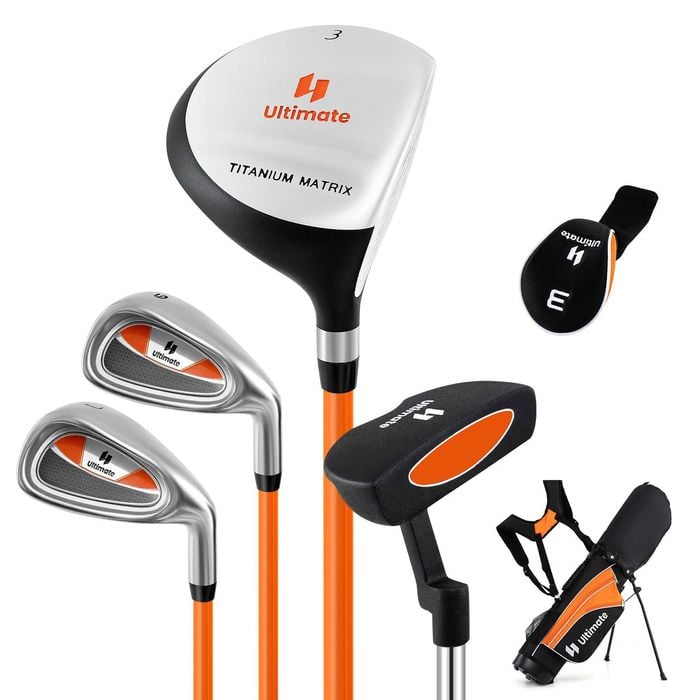 Costway Junior Golf Clubs Set W/stand Bag,3# Fairway Wood, 7# & 9# Irons, Putter, Kids Right Hand Orange