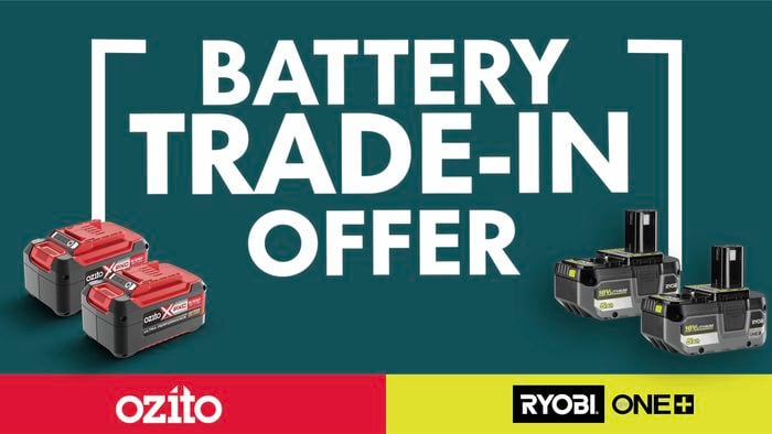 Promotional graphic for a battery trade-in offer featuring two red Ozito PXC batteries on the left and two Ryobi ONE+ 18V batteries on the right. Large white text reads “BATTERY TRADE-IN OFFER” on a teal background, with Ozito and Ryobi ONE+ logos displayed along the bottom.