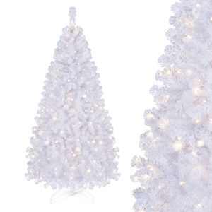 Costway 180cm Artificial Christmas Tree White Xmas Tree w/230 LED Lights 8 Lighting Effects-White