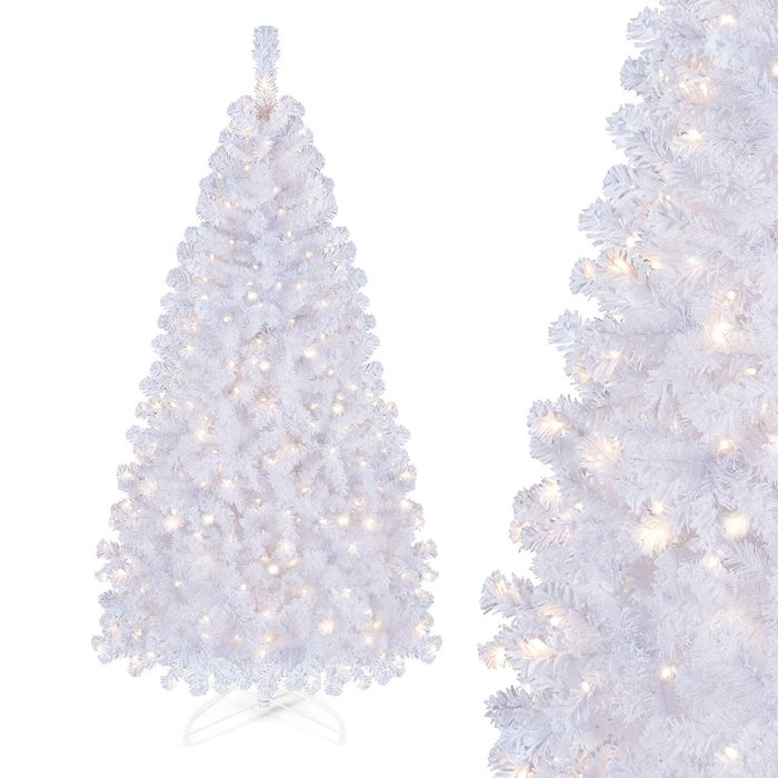 Costway 180cm Artificial Christmas Tree White Xmas Tree w/230 LED Lights 8 Lighting Effects-White