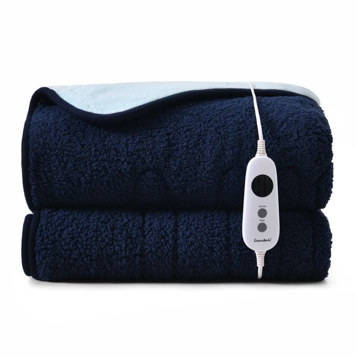 Dreamaker Eve Reversible Sherpa & Coral Fleece Electric Heated Throw Blanket Midnight Blue & Sky 180x200cm | Overheat Protection