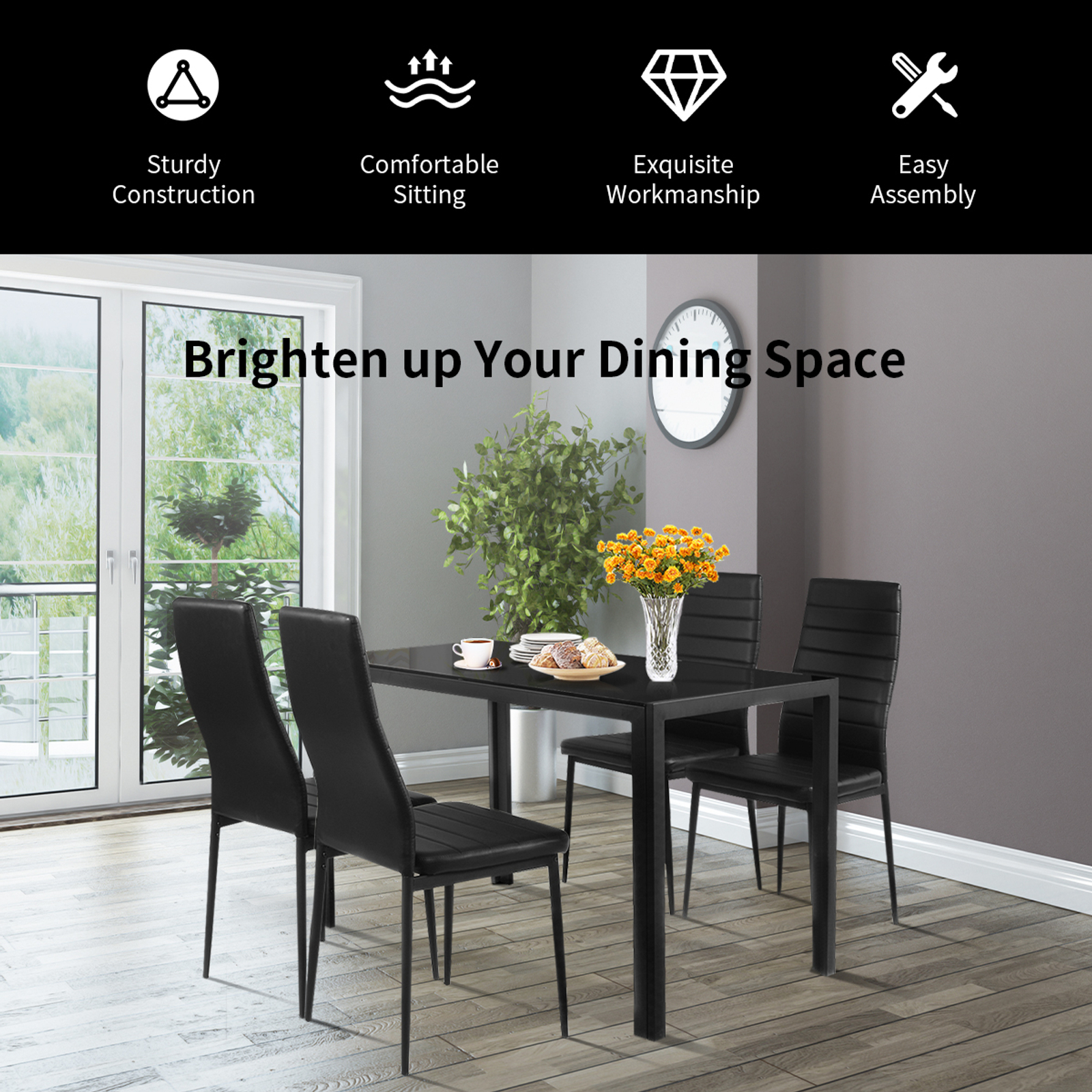 Costway Dining Table Chairs Set Indoor Tempered Glass Black Bunnings Australia