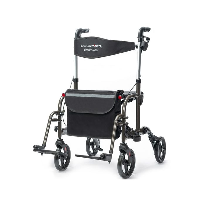 EQUIPMED 2-in-1 Foldable Aluminium Walking Frame Rollator and Transit Wheelchair with Bag, Titanium colour
