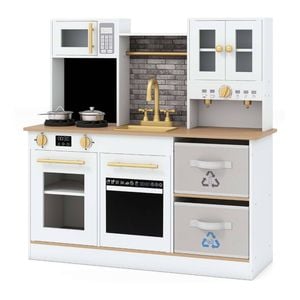 Costway Wooden Kitchen Playset 2-Door Chef Pretend Play Toy Natural