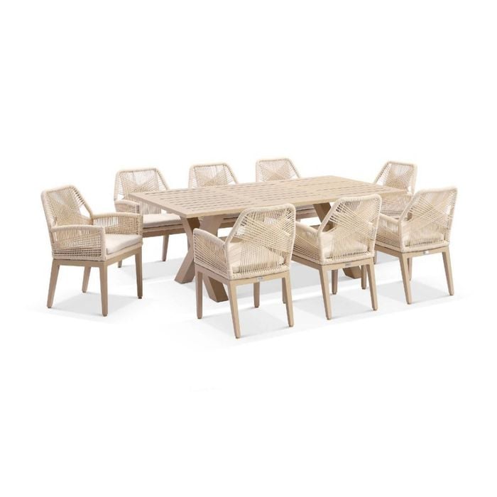 Tahitian 2.1m Aluminium Dining Table Light Oak With 8 Hugo Chairs & Cream Rope/cream Cushions