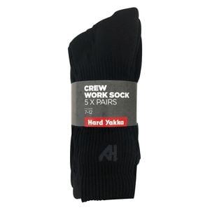 Hard Yakka Black Crew Work Socks - Size 7-12 - 5 Pack