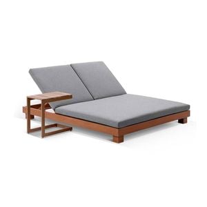Santorini  Double Sun Lounge In Teak Look Aluminium With Sunbrella Cast Slate With Slide Under Side Table