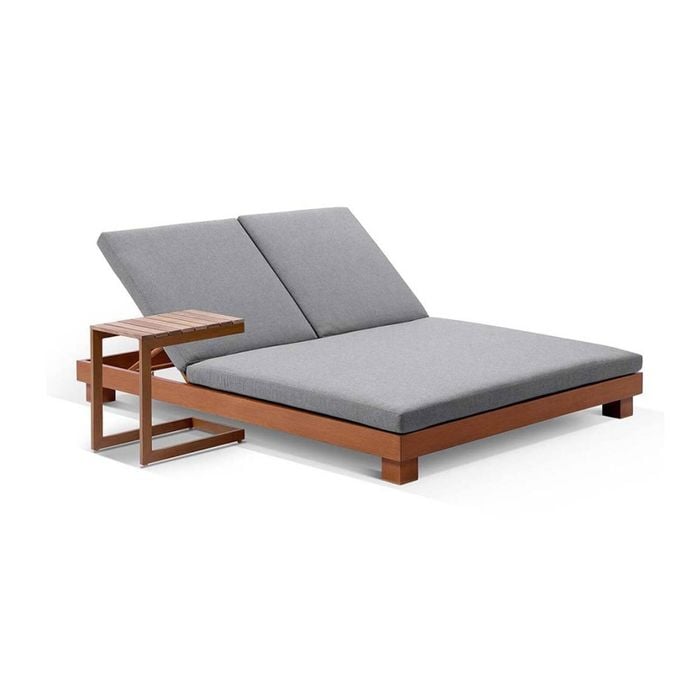 Santorini  Double Sun Lounge In Teak Look Aluminium With Sunbrella Cast Slate With Slide Under Side Table