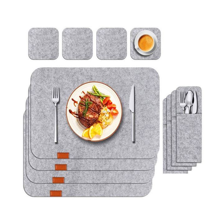 Catzon 4PC Felt Placemats Coasters Cutlery Heat-Resistant Non-Slip Light Gray