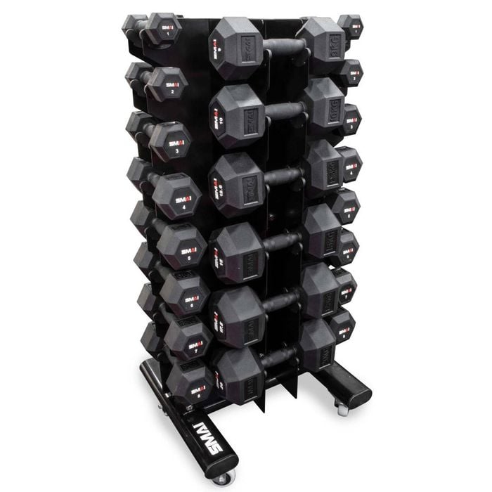 Smai Apex Rubber Hex Dumbbell Set 1-20kg (pair) With Vertical Storage Rack - Black