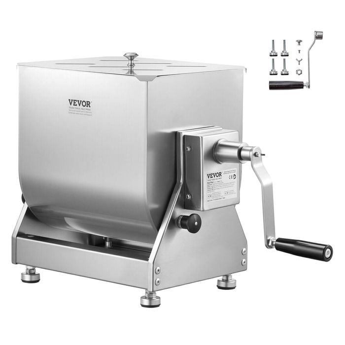 VEVOR Manual Meat Mixer Silver 10L Stainless Steel with Lid Handle Gear Reducer