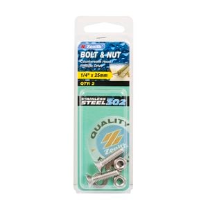 Zenith 1/4" x 25mm Stainless Steel Countersunk Bolt And Nut - 2 Pack