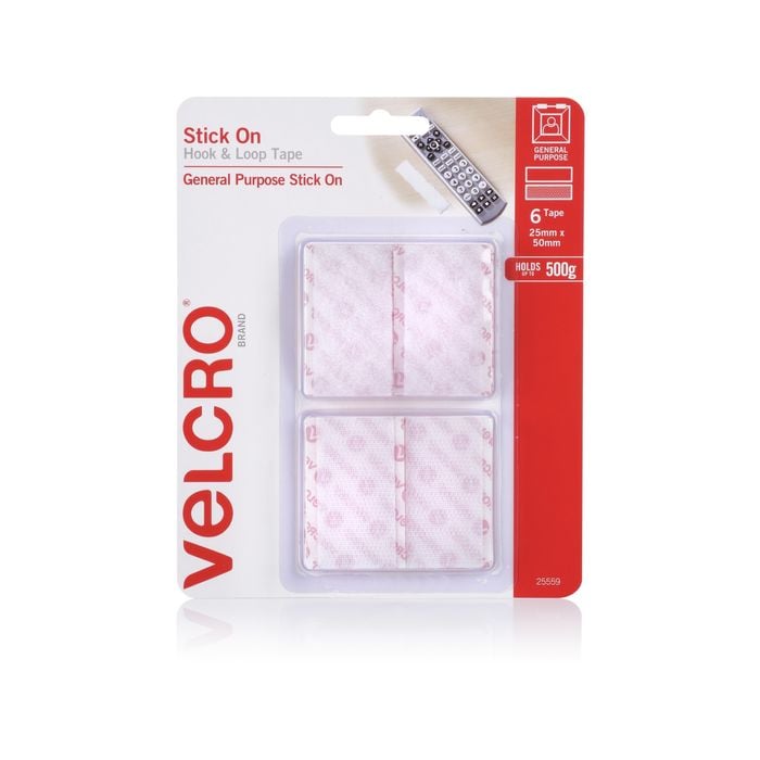 VELCRO Brand 25 x 50mm Stick On Hook and Loop Tape - 6 Pack