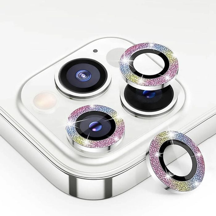 Metal Camera Len Glitter Cover Glass Protector Bling - For Apple iPhone 16 / 16 Plus (2pcs) - Rainbow