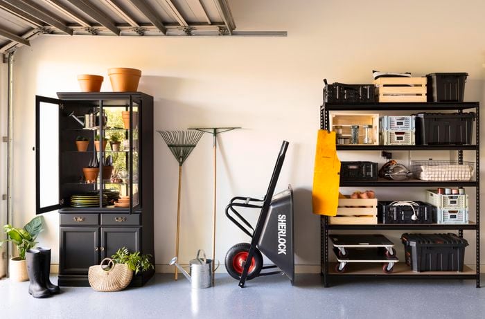 A Pinnacle shelf unit and upcycled cabinet used for garage storage