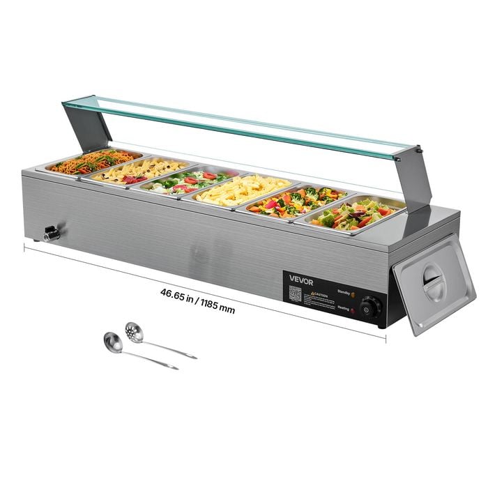 VEVOR Commercial Food Warmer Silver 1500W Stainless Steel with Glass Cover for Catering