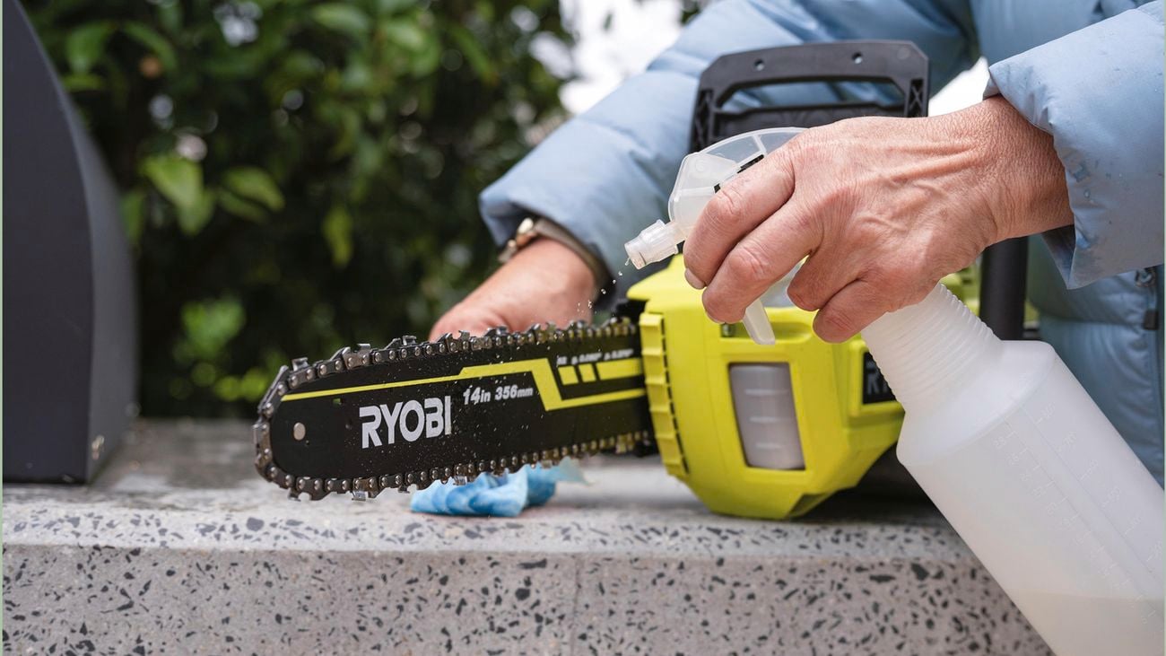 Ryobi cordless chainsaw being sterilised
