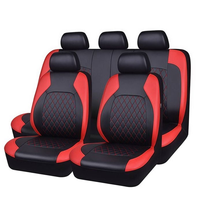 Catzon 9Pcs Car Seat Cover PU Leather Universal Full Set Protector-Red