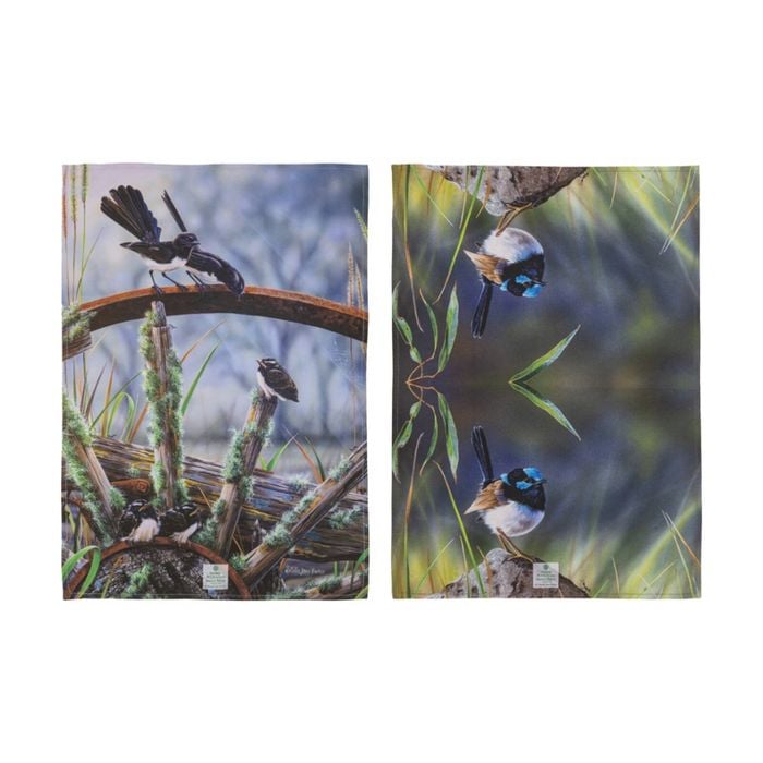 2pc Ashdene Aus Small Birds Wren Wagtail Kitchen Tea Towels Animal Art