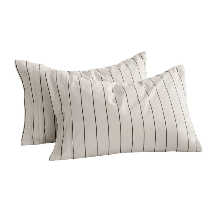 Dreamaker Rumi Washed Cotton Standard Pillowcase Twin Pack White With Graphite Stripe