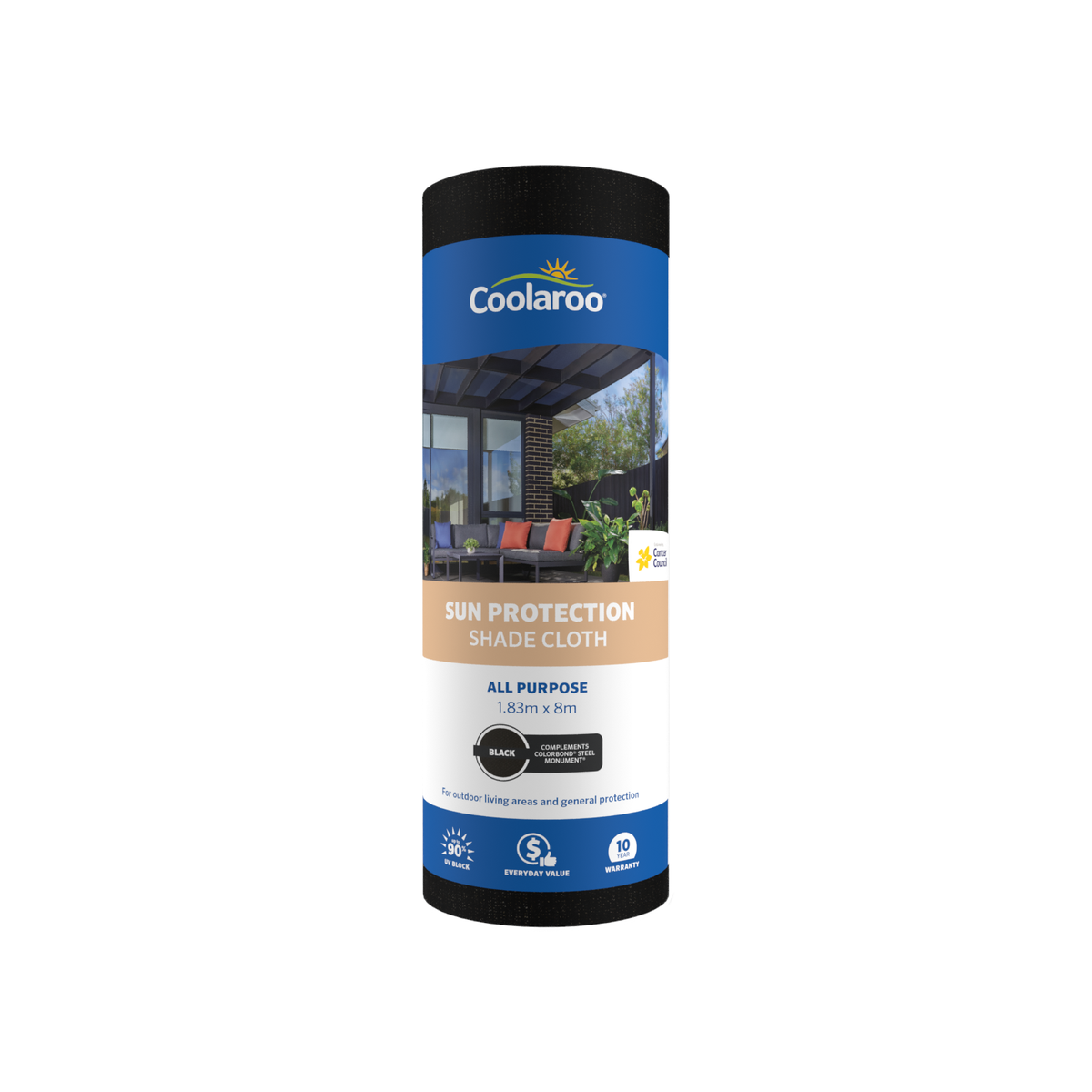 Coolaroo 1.83m x 8m Black All Purpose Sun Protection 90% UV Block Shade ...