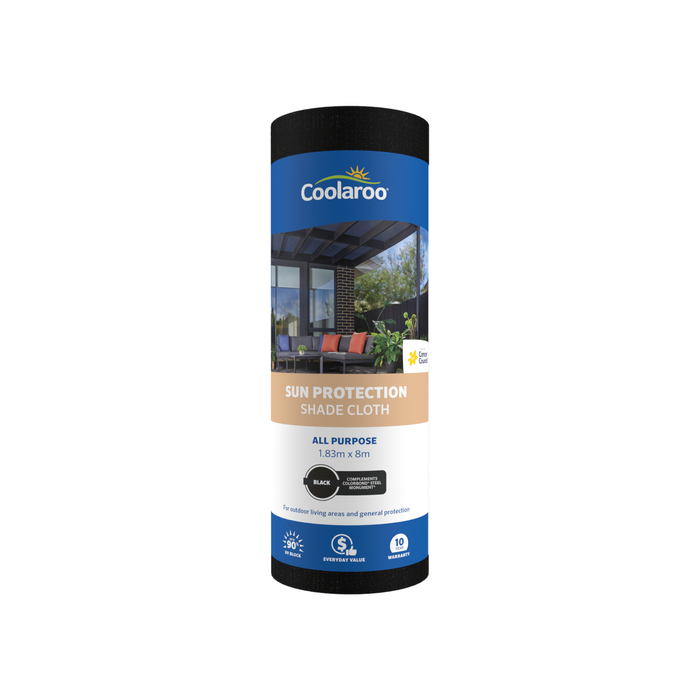 Coolaroo 1.83m x 8m Black All Purpose Sun Protection 90% UV Block Shade Cloth