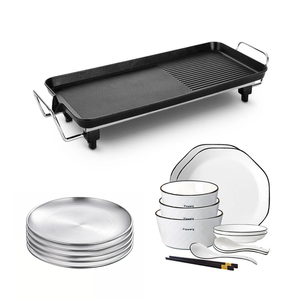 SOGA 68cm Electric BBQ Grill Plate Set with Ceramic Bowl and Silver Grilling Plate