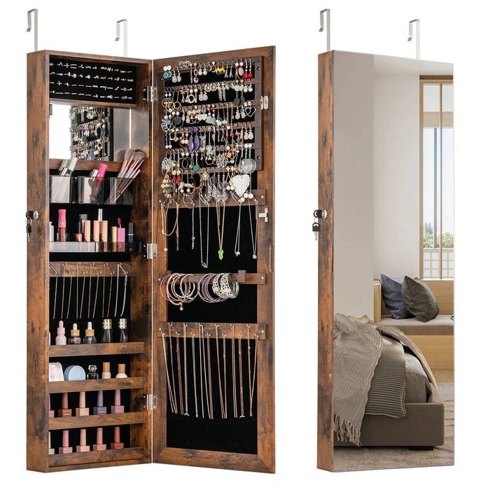 Costway 110cm Jewelry Cabinet Armoire Wall/door Mounted Mirror Brown