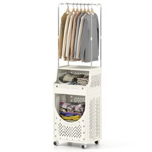 Costway 2in1 3-tier Folding Laundry Hamper W/hanging Bar Basket 8 Hook
