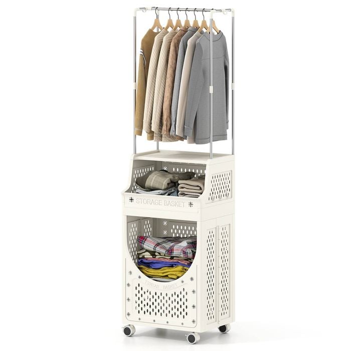 Costway 2in1 3-tier Folding Laundry Hamper W/hanging Bar Basket 8 Hook