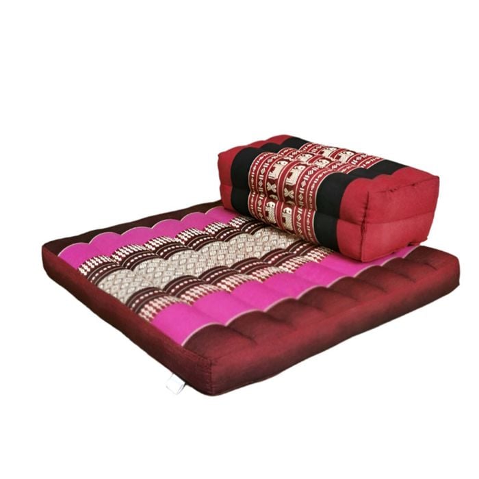 Foldable Meditation Cushion + Seating Block Set| Handmade Thai Kapok Floor Mat - Pink Seat & Red Block