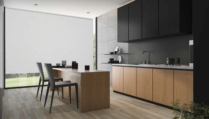 Modern kitchen setting with cabinets, table and chairs