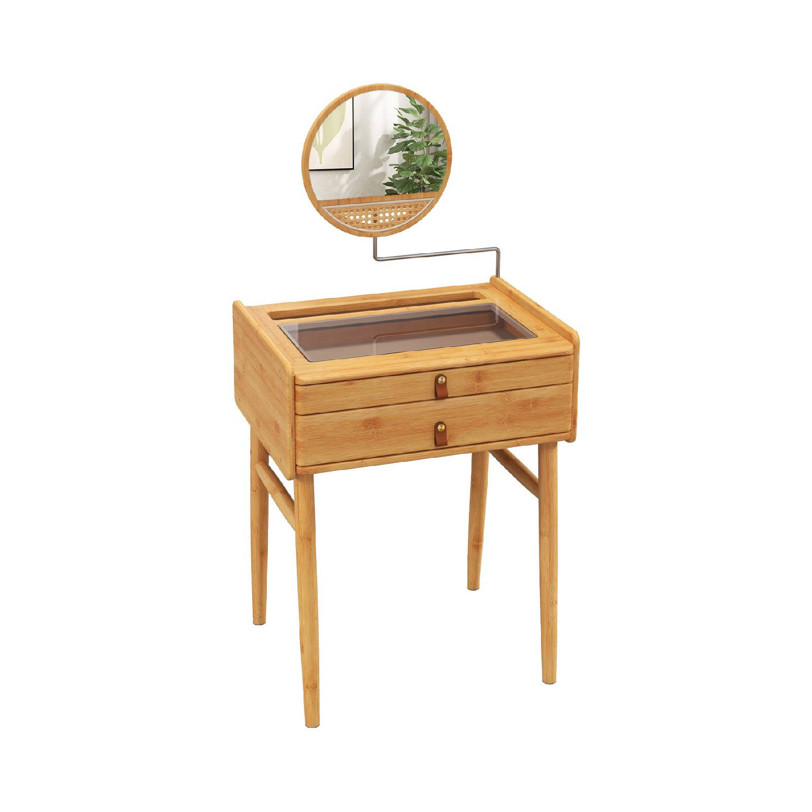Costway Bamboo Vanity Table Adjustable Mirror Makeup Table Dressing Table Tempered Glass Tabletop w/2 Drawers