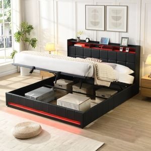 Homfurn King Bed Frame With Storage, Gas Lift Bed King Size Faux Leather With Led & Charging Station, Noise Free, Black