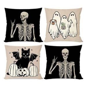Catzon 4 Pcs Scary Throw Pillow Covers Linen Cushion Case for Decor 50X50cm