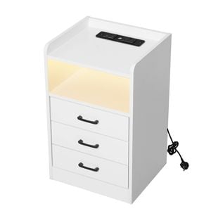 Levede Bedside Table w/ LED 3 Drawers & USB Charging Station White