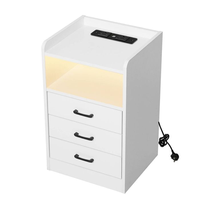 Levede Bedside Table w/ LED 3 Drawers & USB Charging Station White
